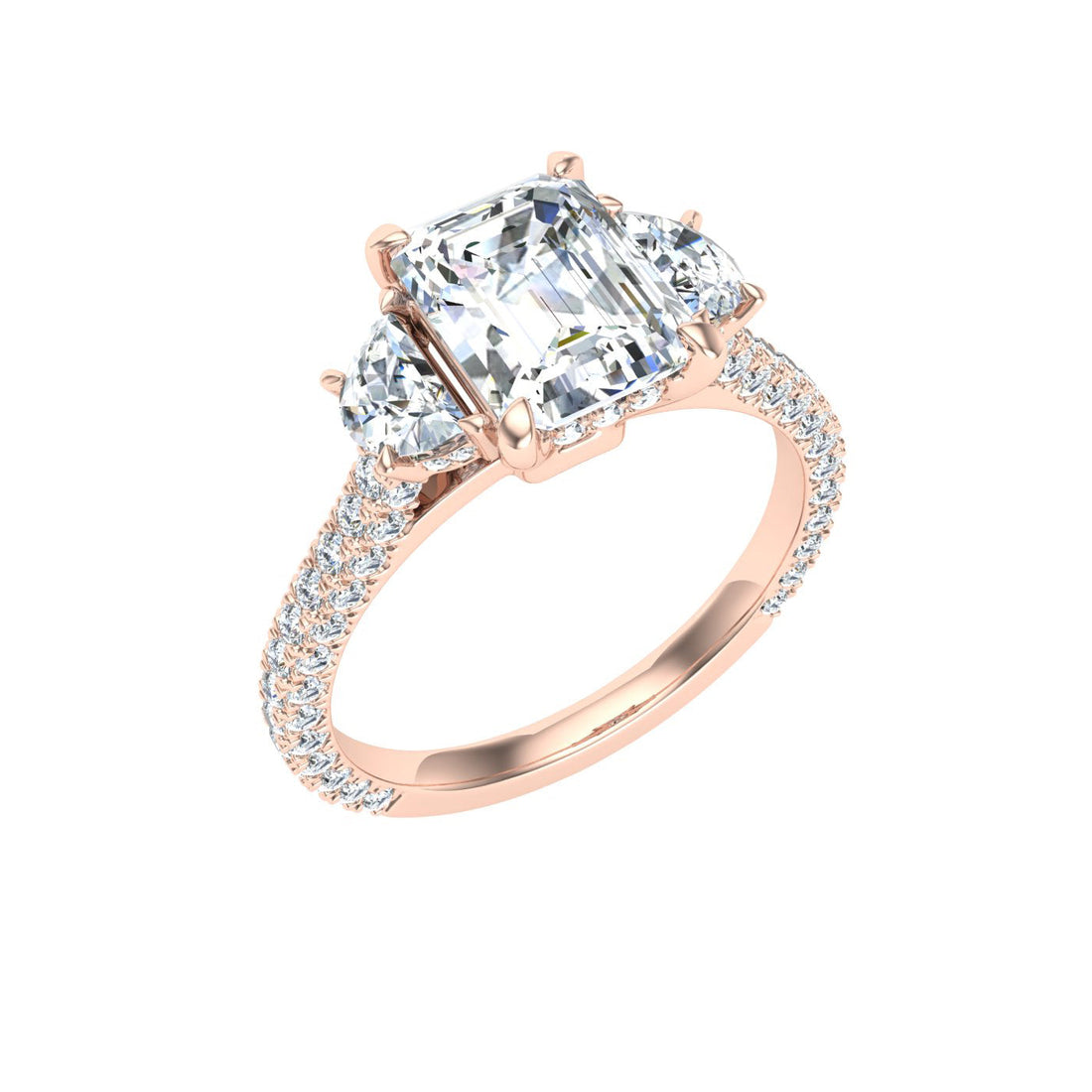 Perfection Emerald 3 Stone Moissanite Engagement Ring Rose Gold