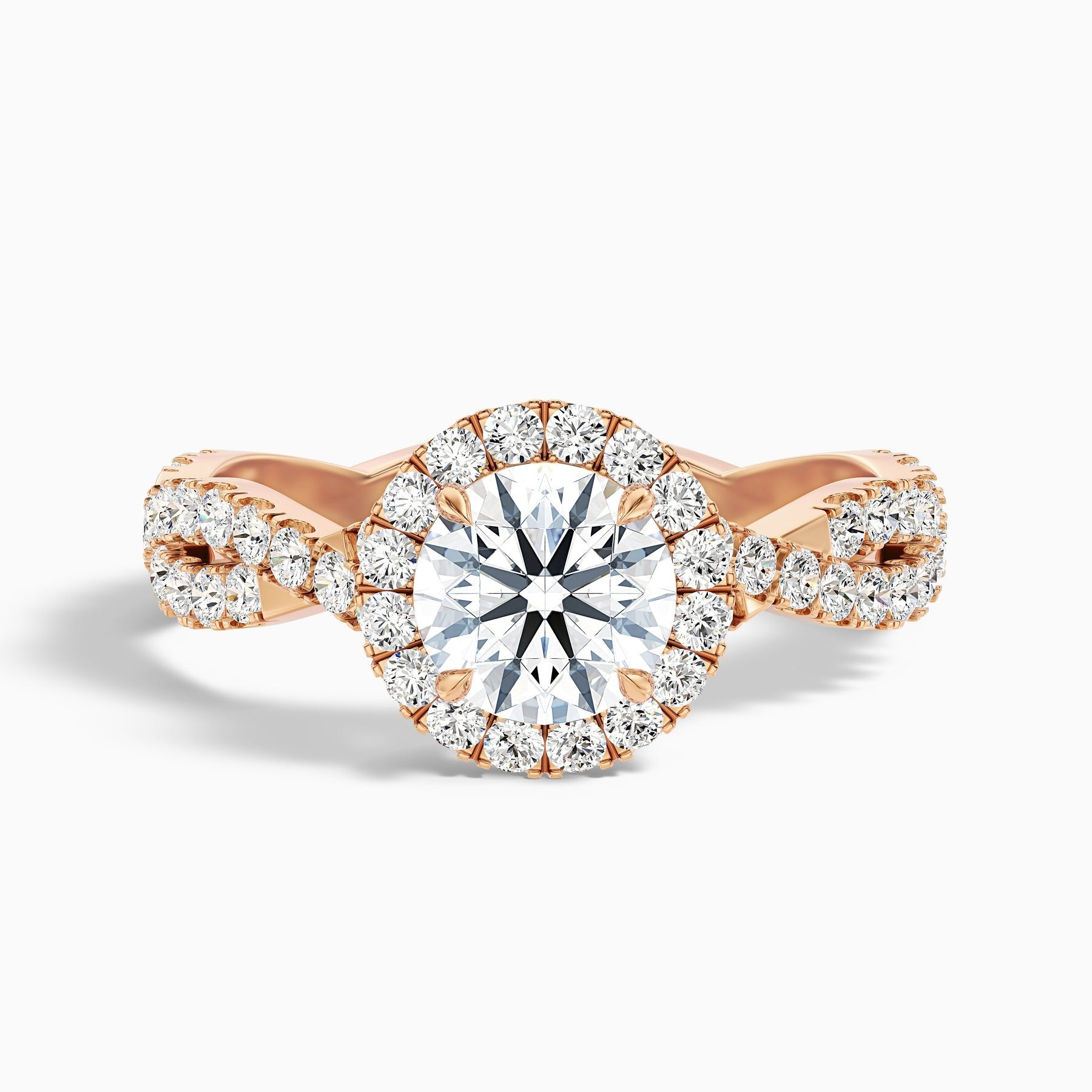 Phantom Round Cut Halo Twisted Pave Moissanite Engagement Ring