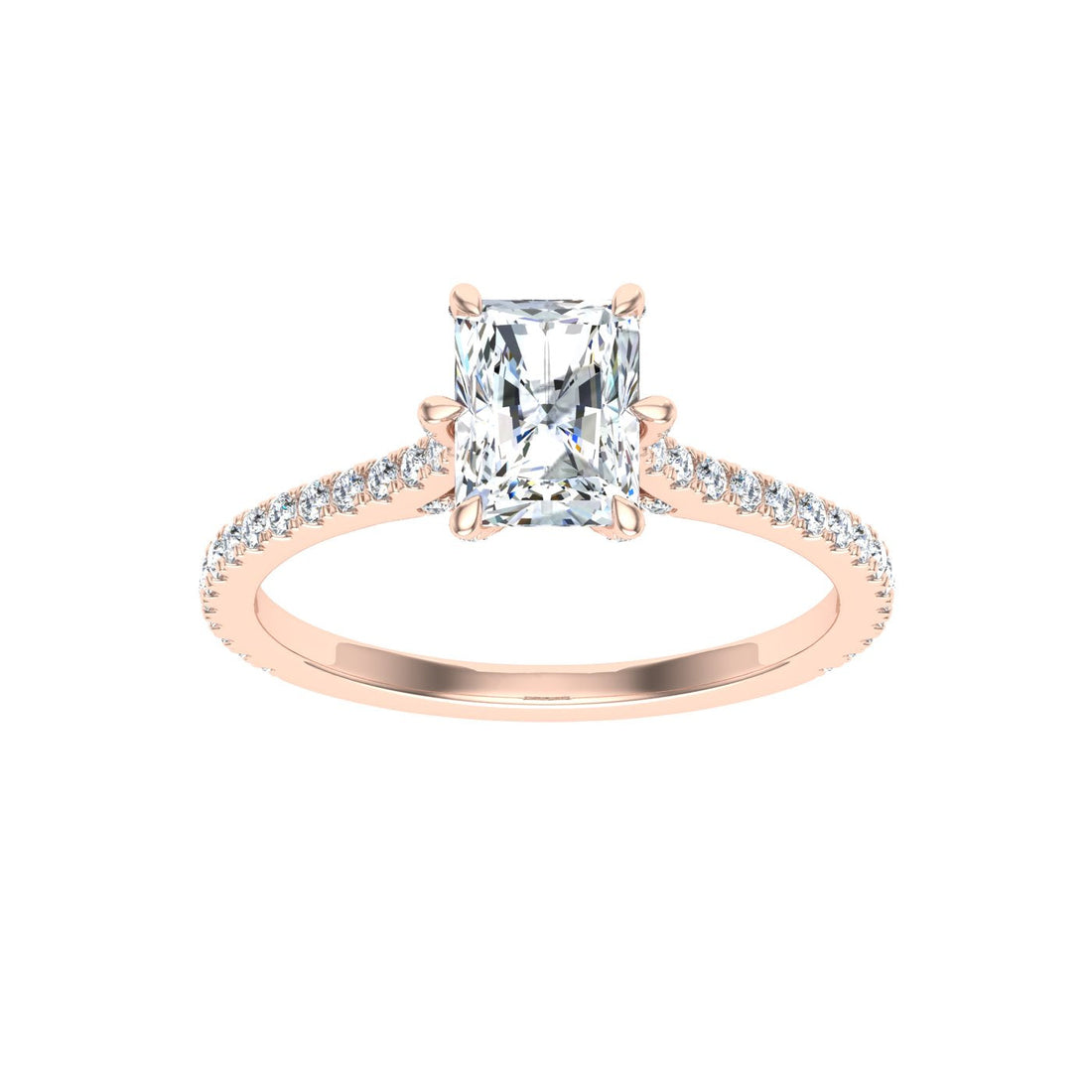 Pinnacle Radiant Cut Side Stones Moissanite Engagement Ring Rose Gold