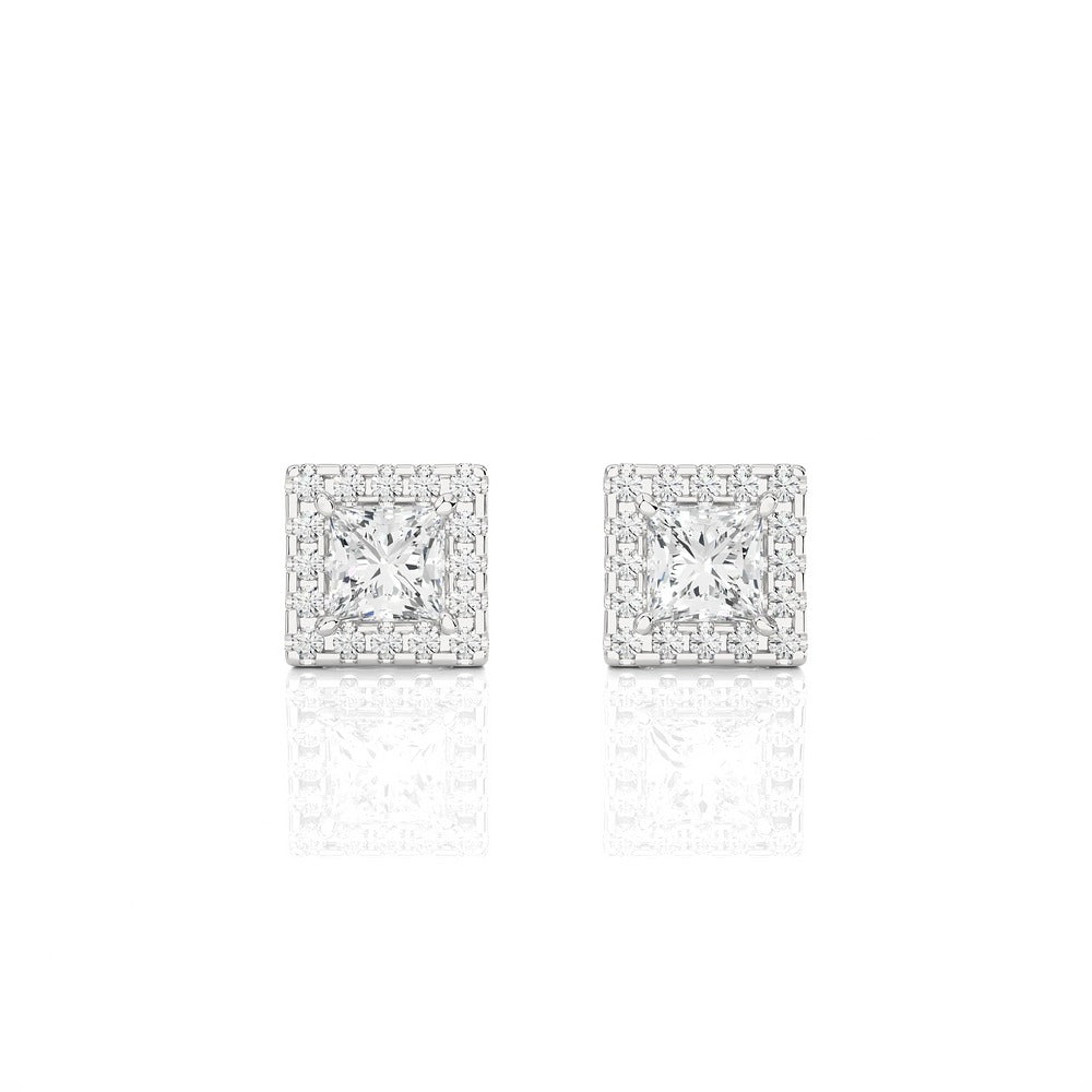 Princess Cut Halo Studs Lab Diamond Earrings 