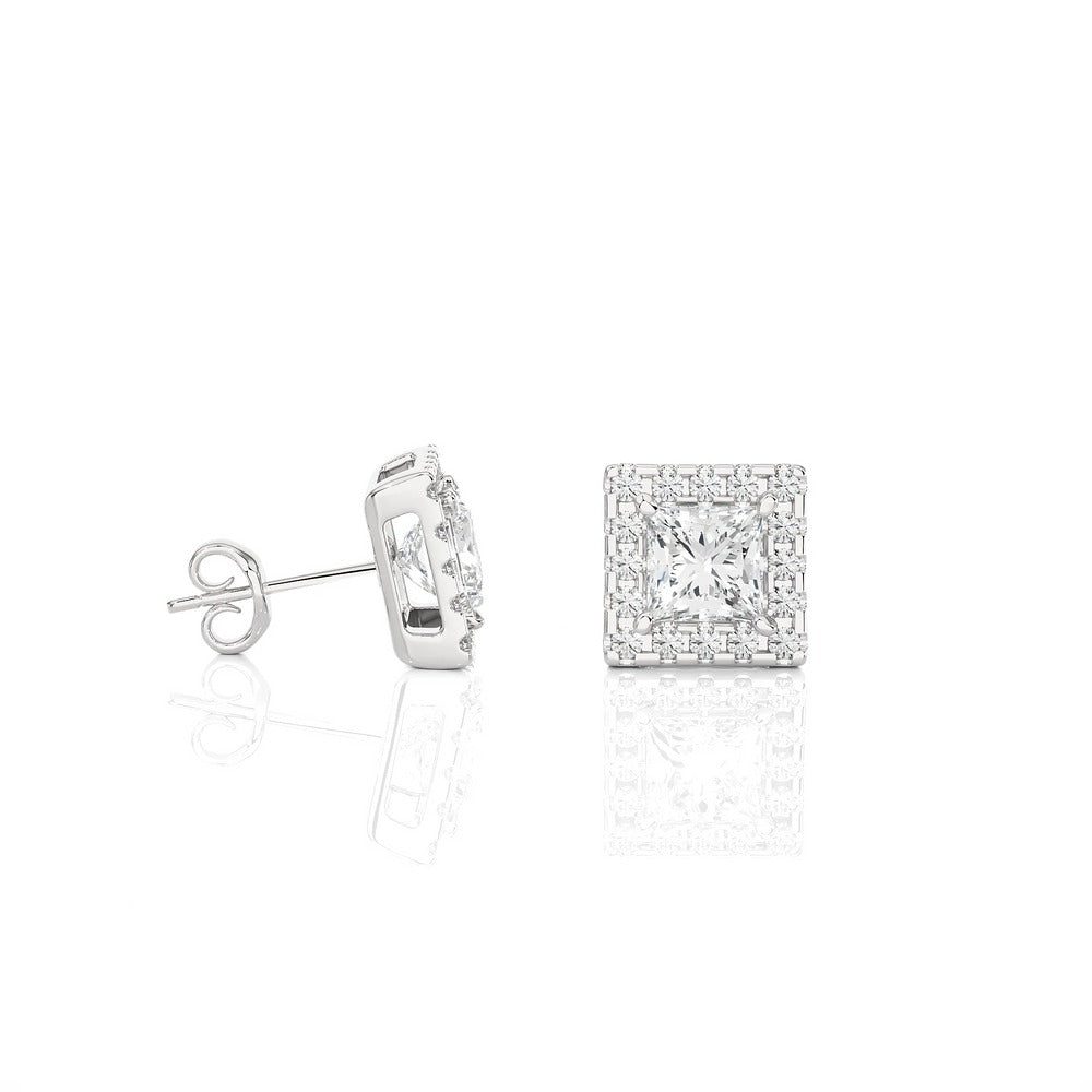Princess Cut Halo Studs Lab Diamond Earrings 