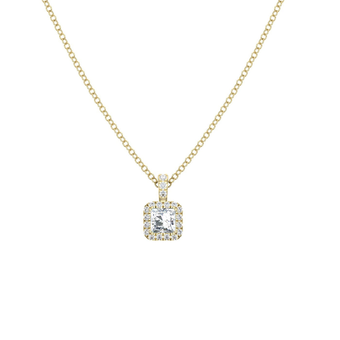 Princess with Halo Moissanite Pendant Yellow Gold