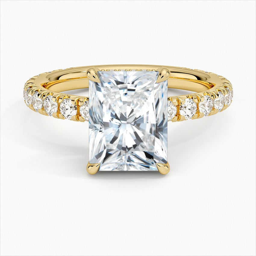 Purity 4-Prong Side Stones Radiant Moissanite Engagement Ring Yellow Gold