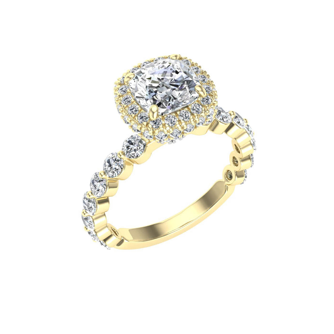 Ray Cushion Cut Double Edge Halo Moissanite Engagement Ring Yellow Gold