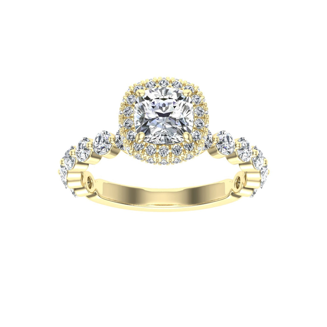 Ray Cushion Cut Double Edge Halo Moissanite Engagement Ring Yellow Gold