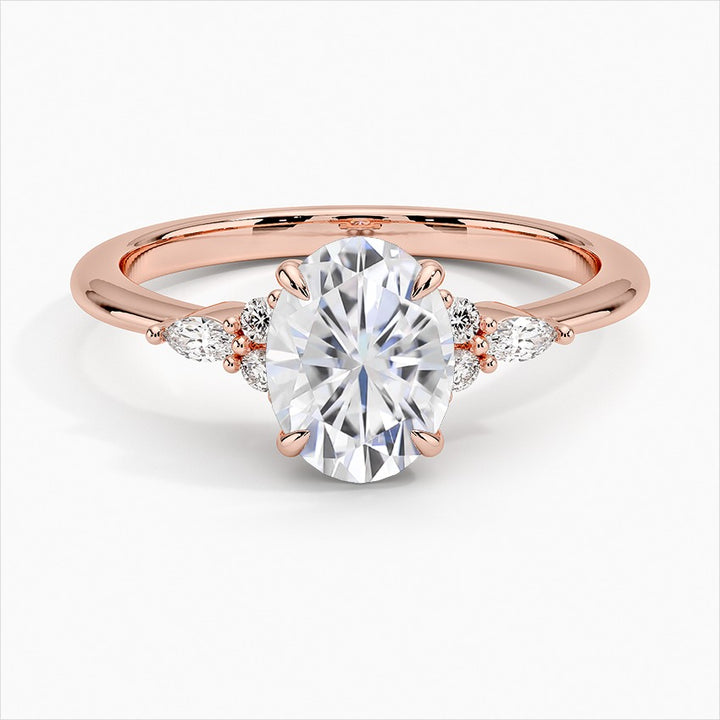 Reflection Three Stones 3 Carat Oval Cut Moissanite Ring in 18K Rose Gold