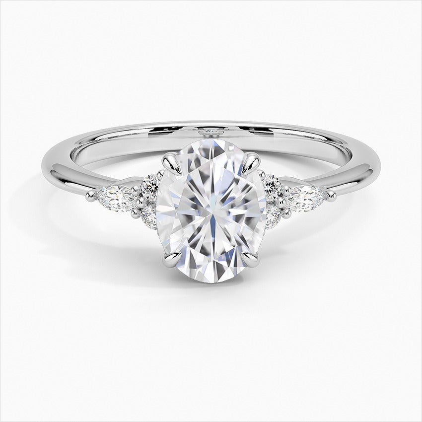 Reflection Oval Three Stones Moissanite Engagement Ring White Gold