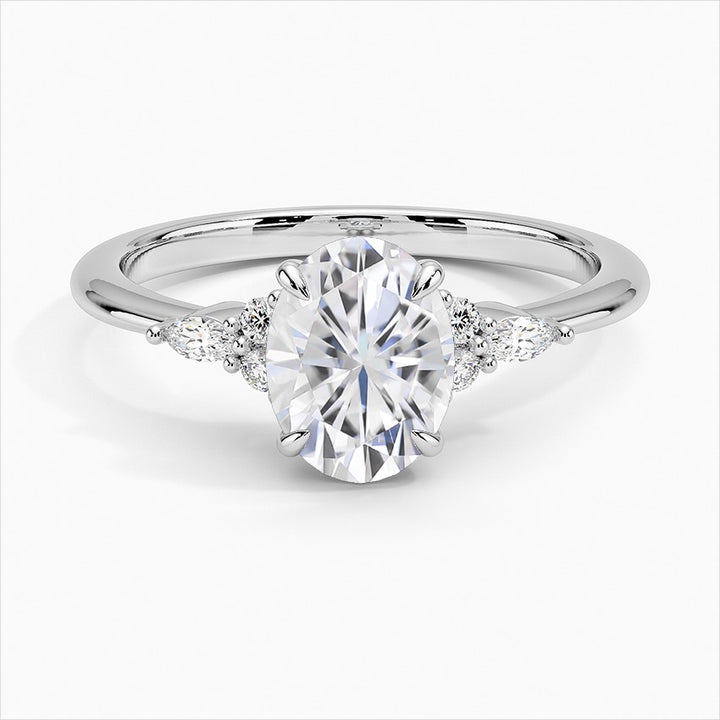 Reflection Oval Three Stones Moissanite Engagement Ring White Gold