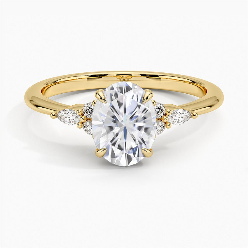 Reflection Oval Three Stones Moissanite Engagement Ring Yellow Gold