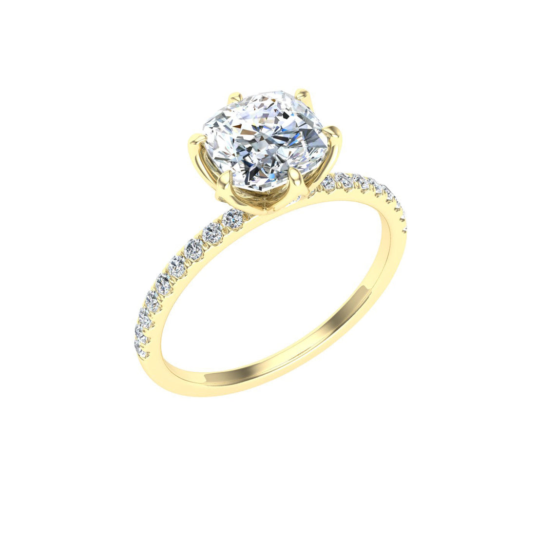 Regent Cushion Cut Hidden Halo Moissanite Engagement Ring Yellow Gold