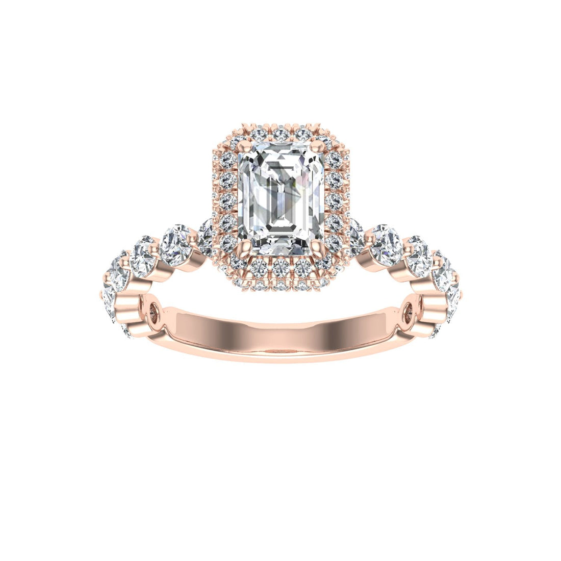 Rendezvous Emerald Cut Double Edge Halo Moissanite Engagement Ring Rose Gold