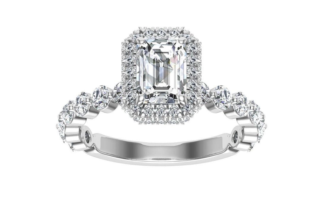 Rendezvous Emerald Cut Double Edge Halo Moissanite Engagement Ring White Gold