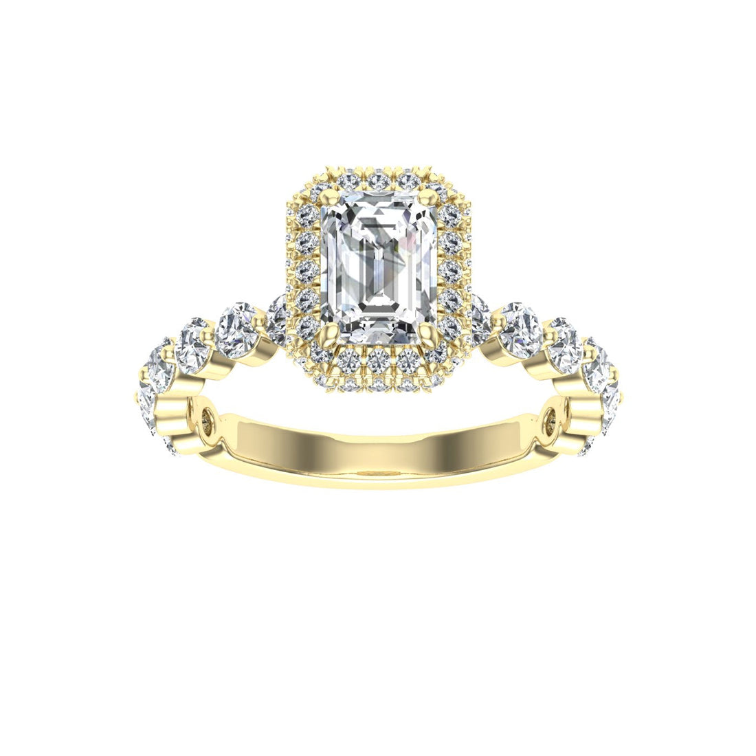 Rendezvous Emerald Cut Double Edge Halo Moissanite Engagement Ring Yellow Gold