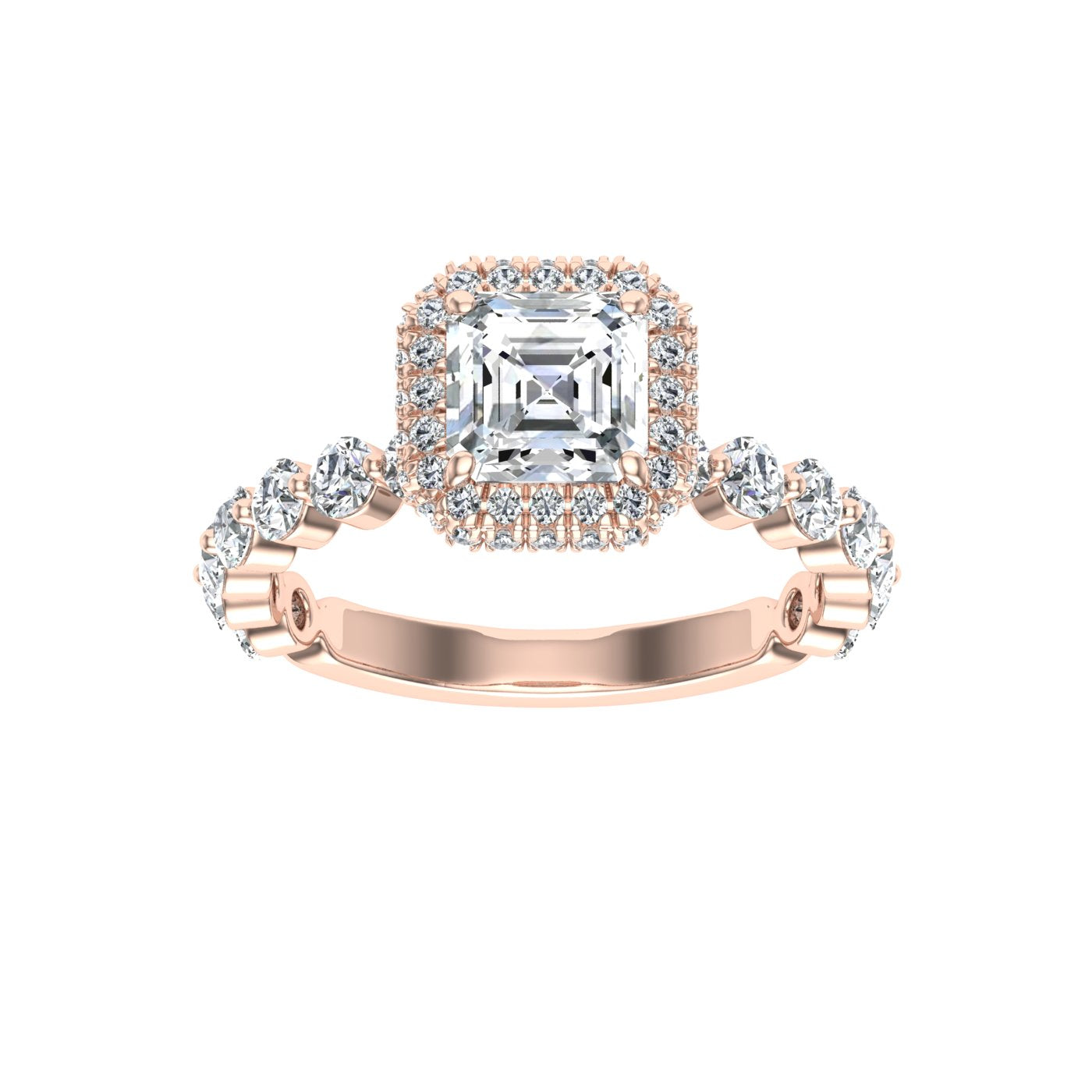 Rendezvous  Asscher Cut Double Edge Halo Moissanite Engagement Ring Rose Gold