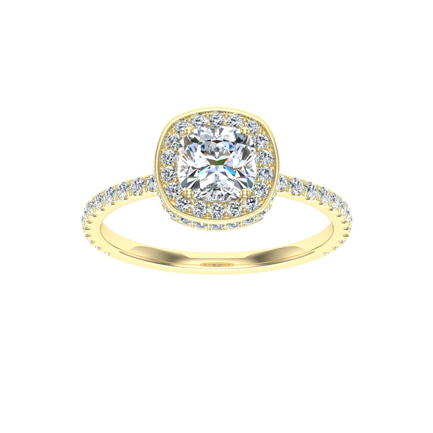 Reverence Cushion Cut Double Edge Halo Moissanite Engagement Ring Yellow Gold