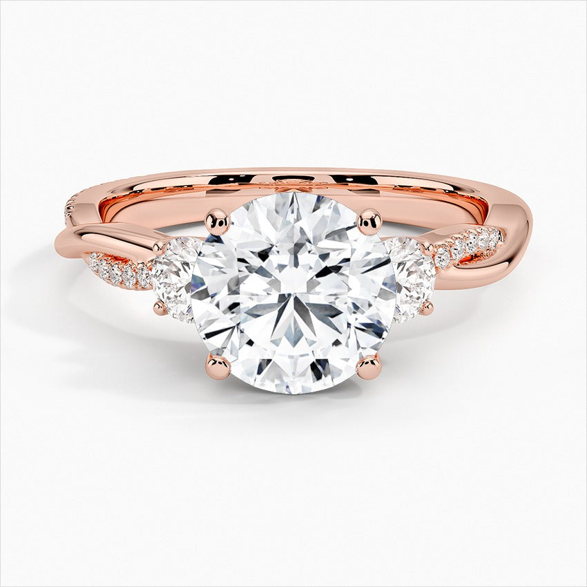 Reverence Round Twisted Vine Three Stone Moissanite Engagement Ring Rose Gold