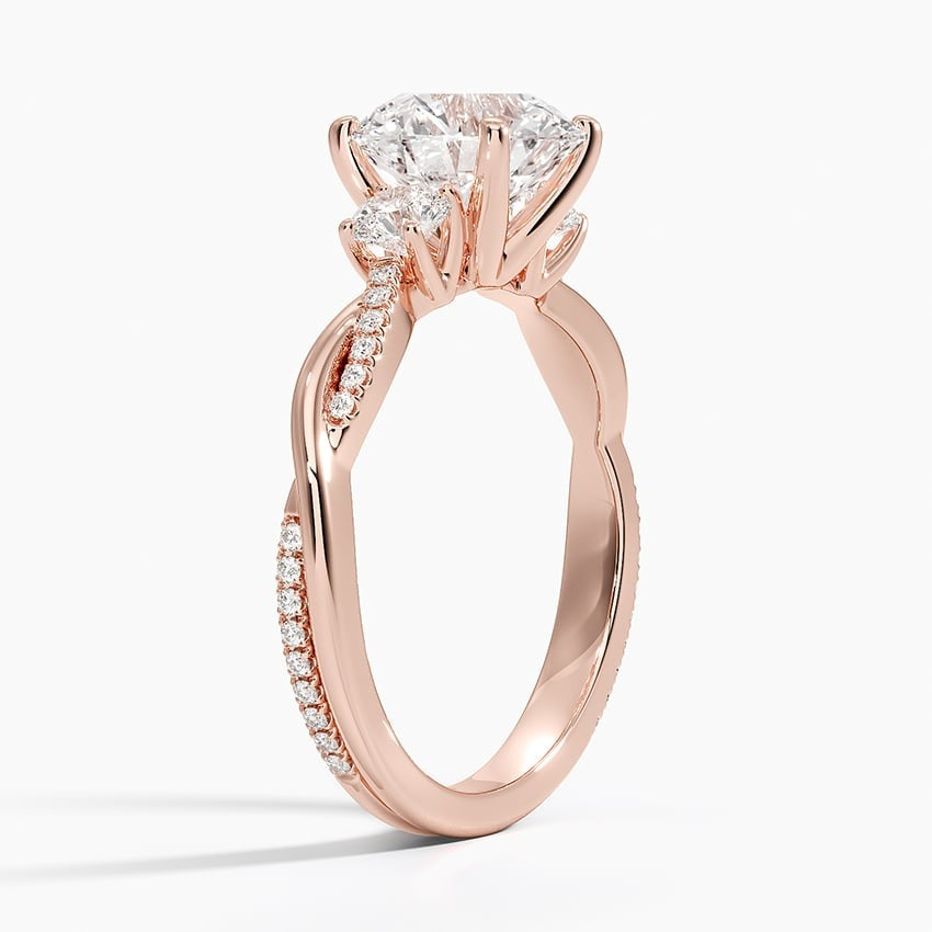 Reverence Round Twisted Vine Three Stone Moissanite Engagement Ring Rose Gold