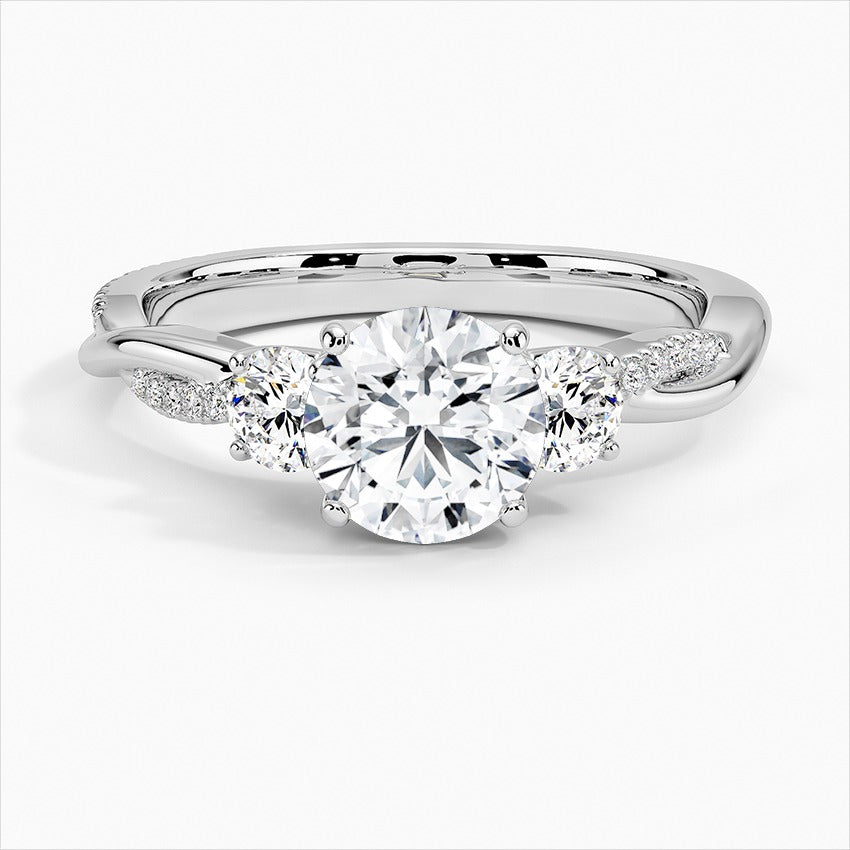 Reverence Round Twisted Vine Three Stone Moissanite Engagement Ring White Gold