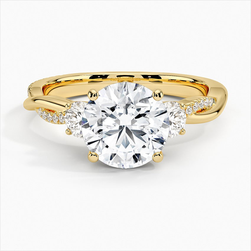 Reverence Round Twisted Vine Three Stone Moissanite Engagement Ring Yellow Gold