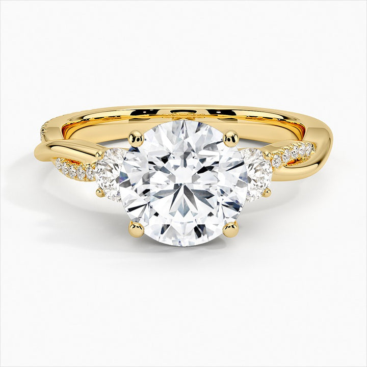 Reverence Round Twisted Vine Three Stone Moissanite Engagement Ring Yellow Gold