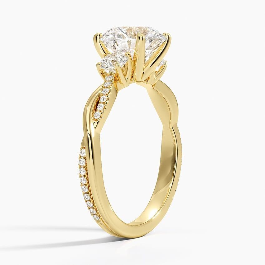 Reverence Round Twisted Vine Three Stone Moissanite Engagement Ring Yellow Gold