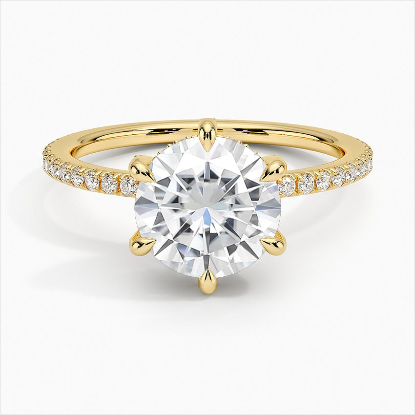 Reverie 6-Prong Round Side Stones Moissanite Engagement Ring Yellow Gold