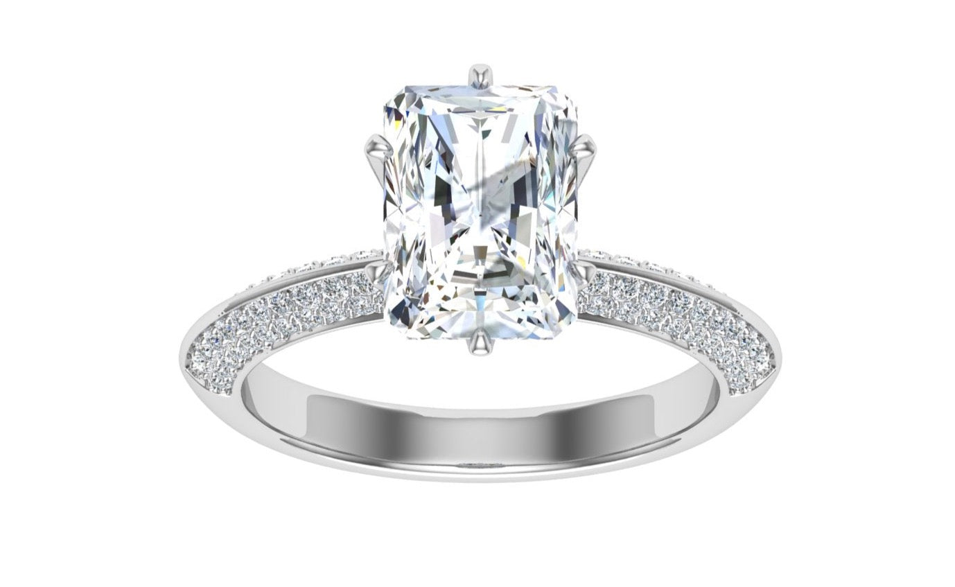 Rhapsody Radiant Cut Knife Edge Band Moissanite Engagement Ring White Gold