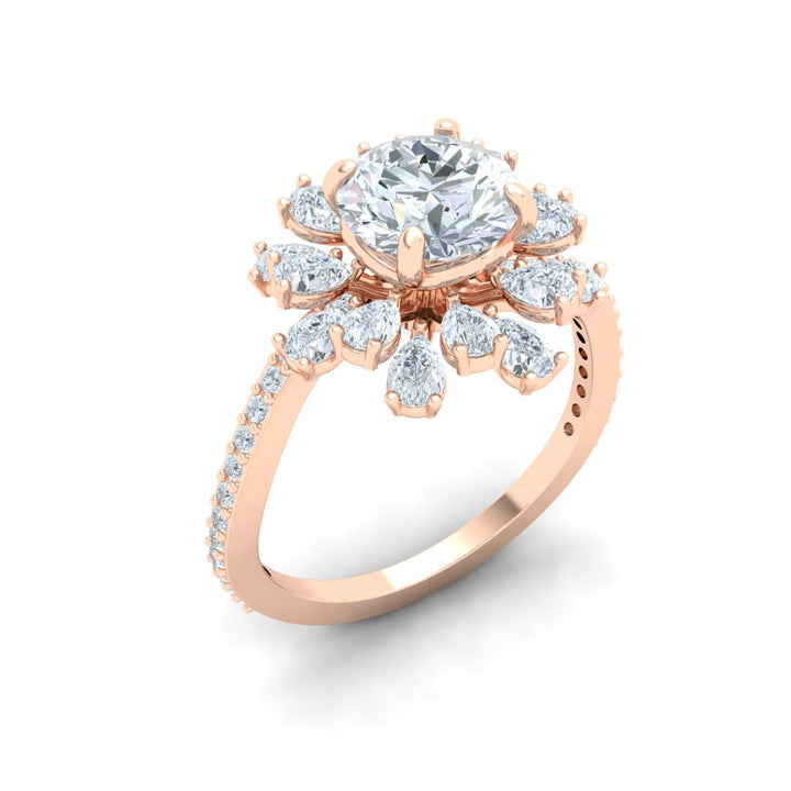 Rivulet Round and Pear Floral Detail Moissanite Engagement Ring Rose Gold