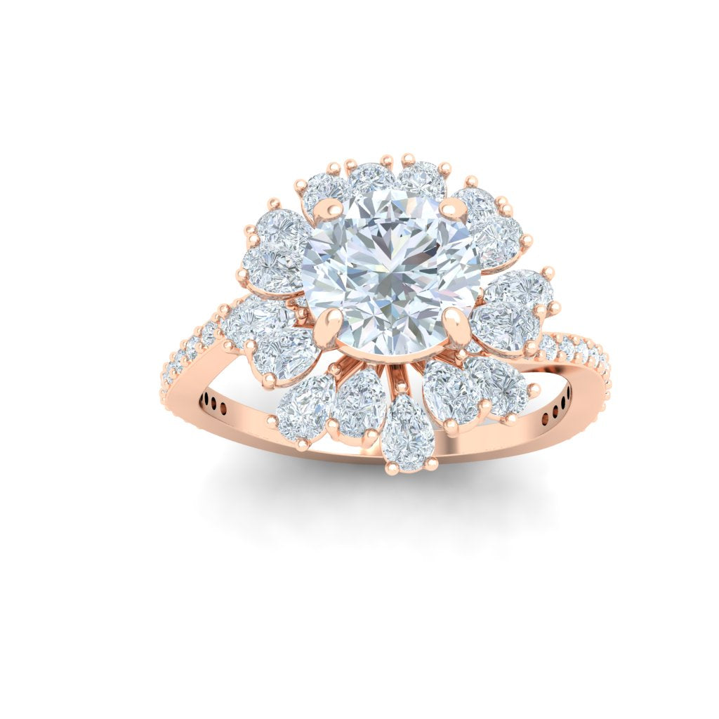 Rivulet Round and Pear Floral Detail Moissanite Engagement Ring Rose Gold