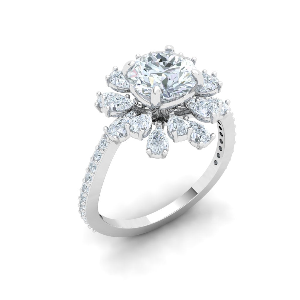 Rivulet Round and Pear Floral Detail Moissanite Engagement Ring White Gold