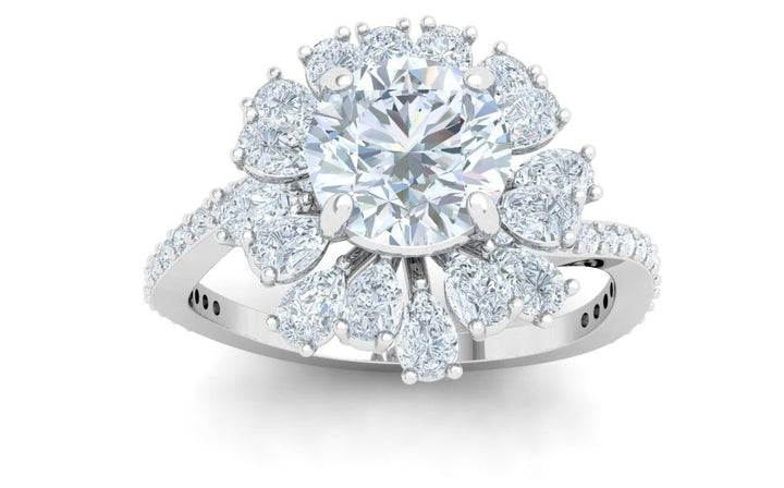 Rivulet Round and Pear Floral Detail Moissanite Engagement Ring White Gold