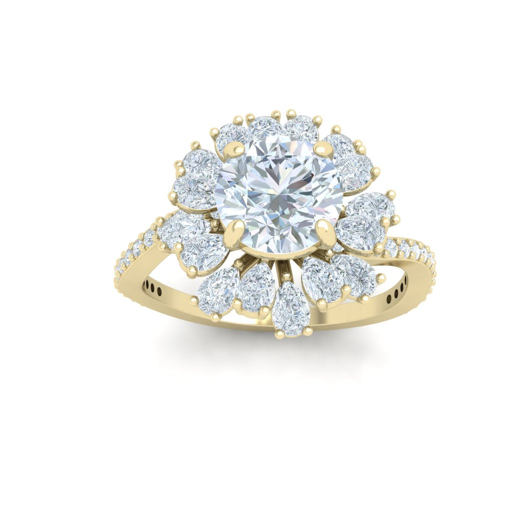 Rivulet Round and Pear Floral Detail Moissanite Engagement Ring Yellow Gold