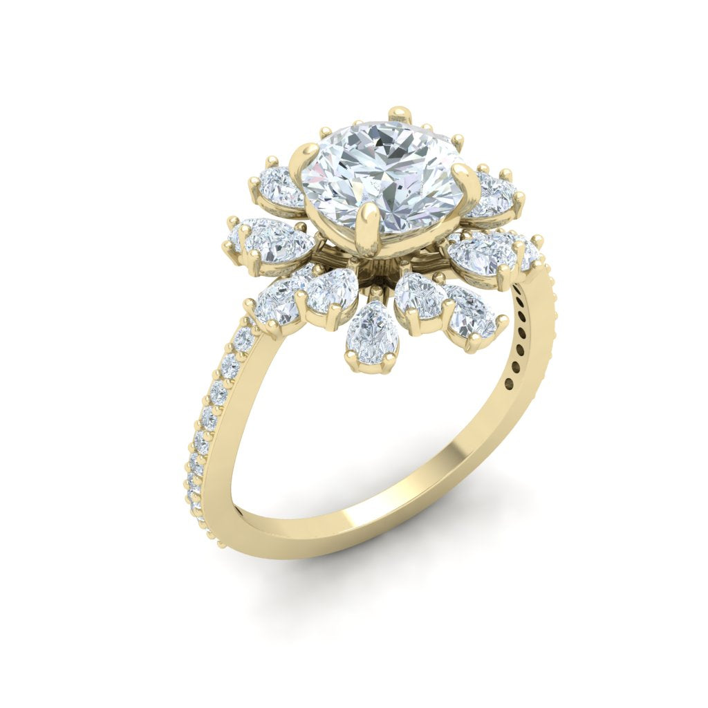 Rivulet Round and Pear Floral Detail Moissanite Engagement Ring Yellow Gold