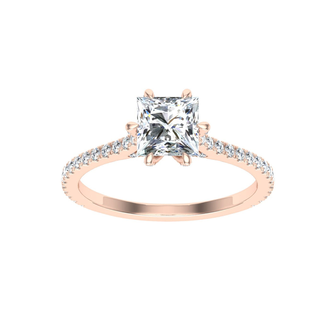 Romance Princess Cut Side Stones Moissanite Engagement Ring Rose Gold