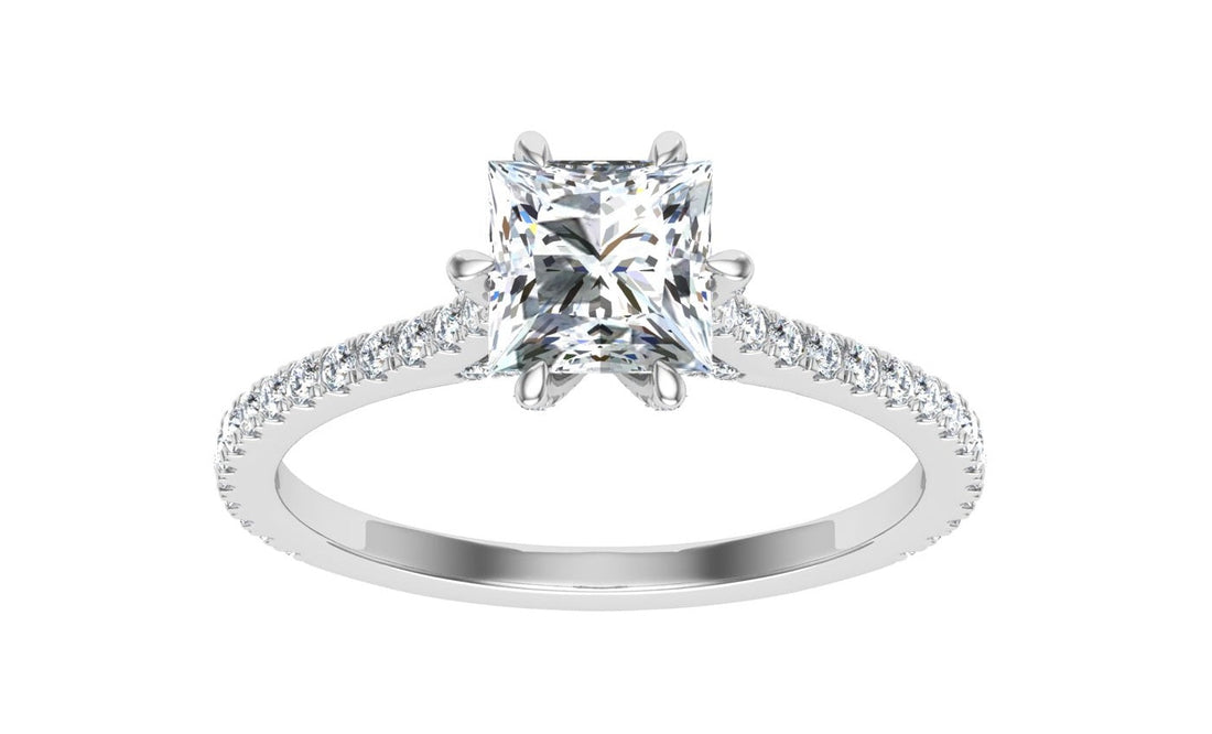 Romance Princess Cut Side Stones Moissanite Engagement Ring White Gold