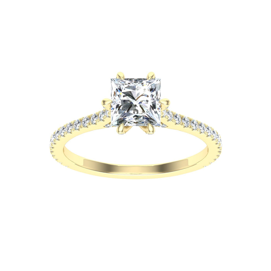 Romance Princess Cut Side Stones Moissanite Engagement Ring Yellow Gold