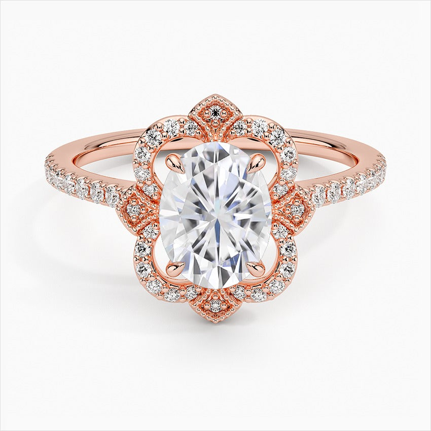 Royale 4-Prong Oval Halo Moissanite Engagement Ring Rose Gold