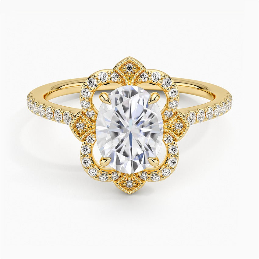 Royale 4-Prong Oval Halo Moissanite Engagement Ring Yellow Gold