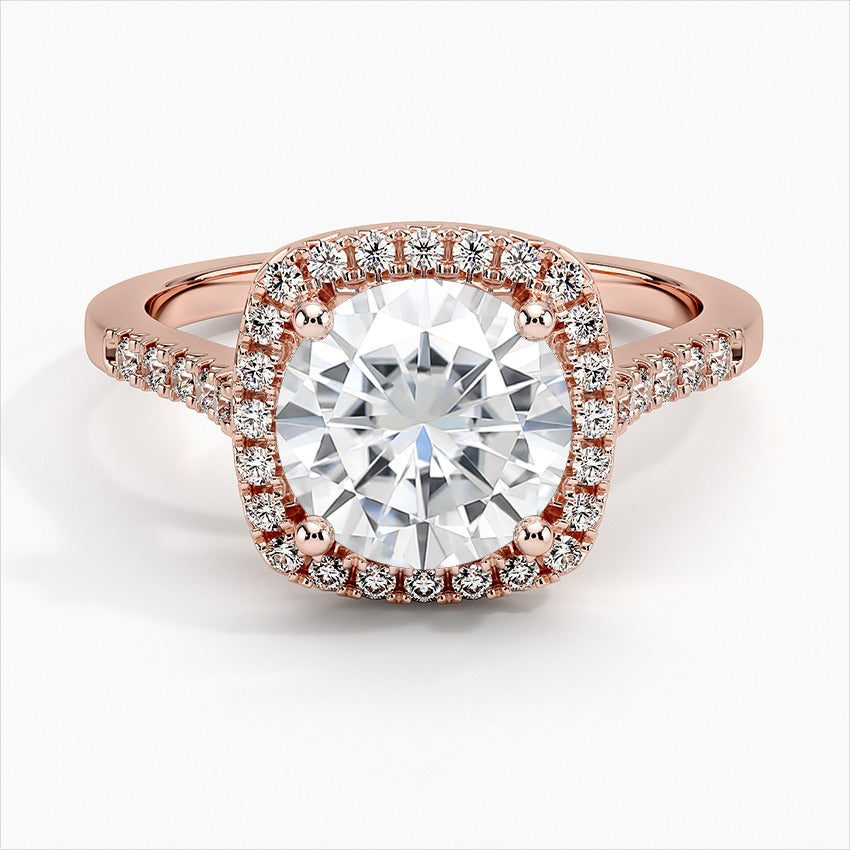 Ruby Round Cut Halo Moissanite Engagement Ring Rose Gold