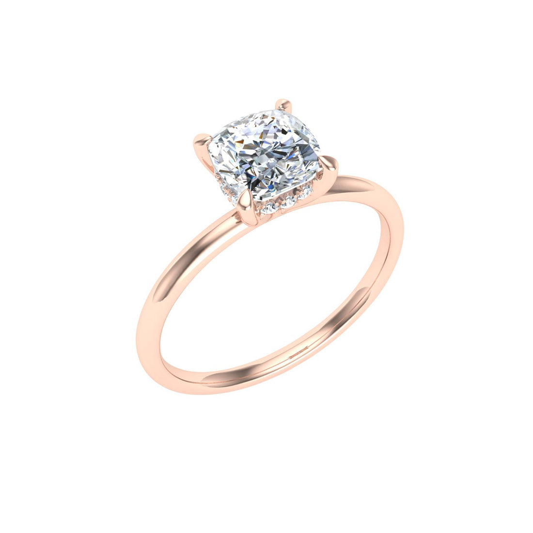 Glacial Cushion Cut Hidden Halo Solitaire Moissanite Engagement Ring Rose Gold