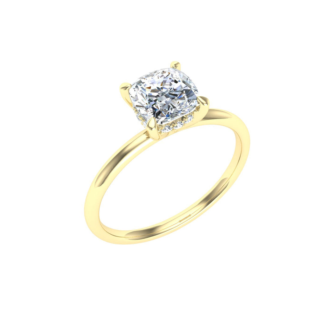 Glacial Cushion Cut Hidden Halo Solitaire Moissanite Engagement Ring Yellow Gold