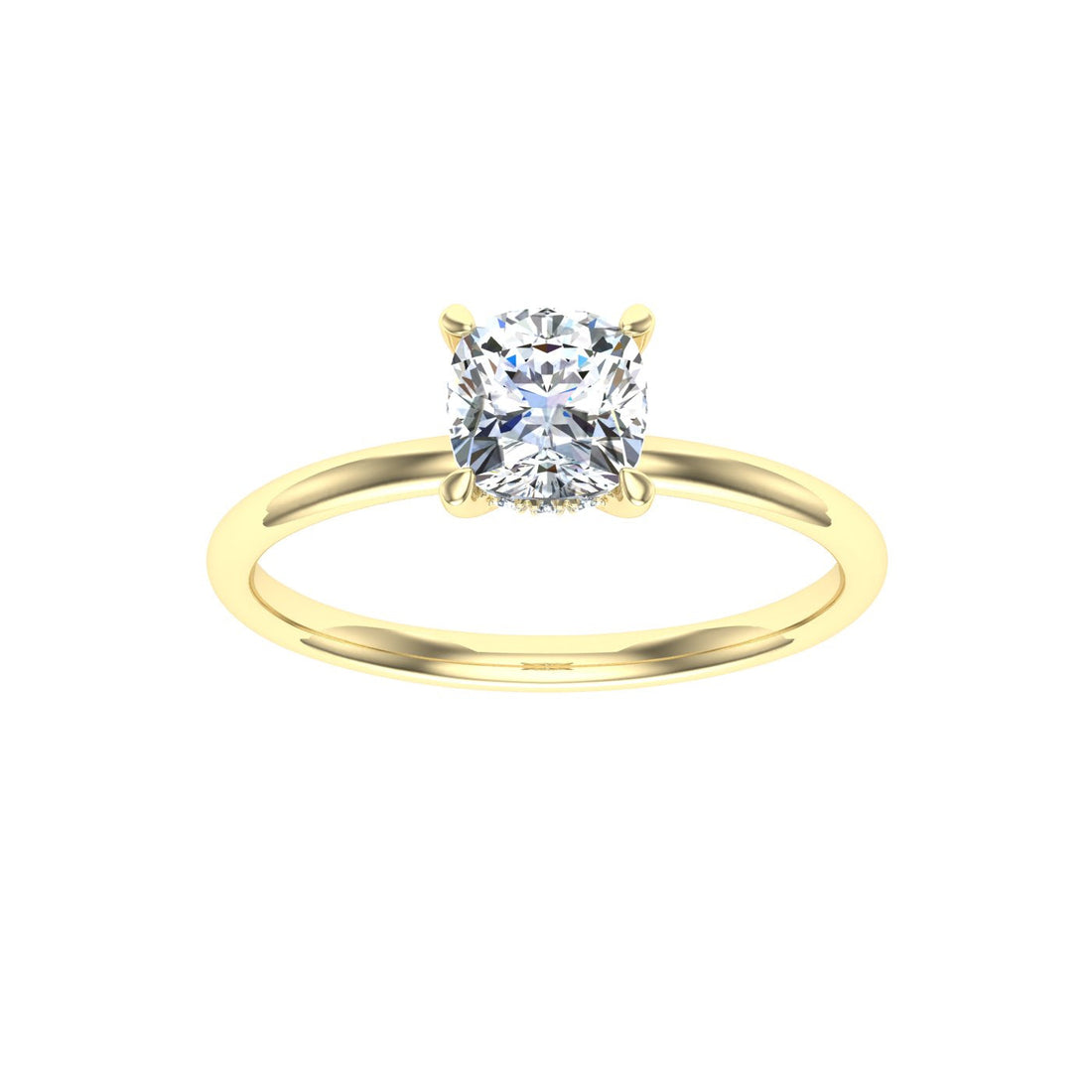 Glacial Cushion Cut Hidden Halo Solitaire Moissanite Engagement Ring Yellow Gold