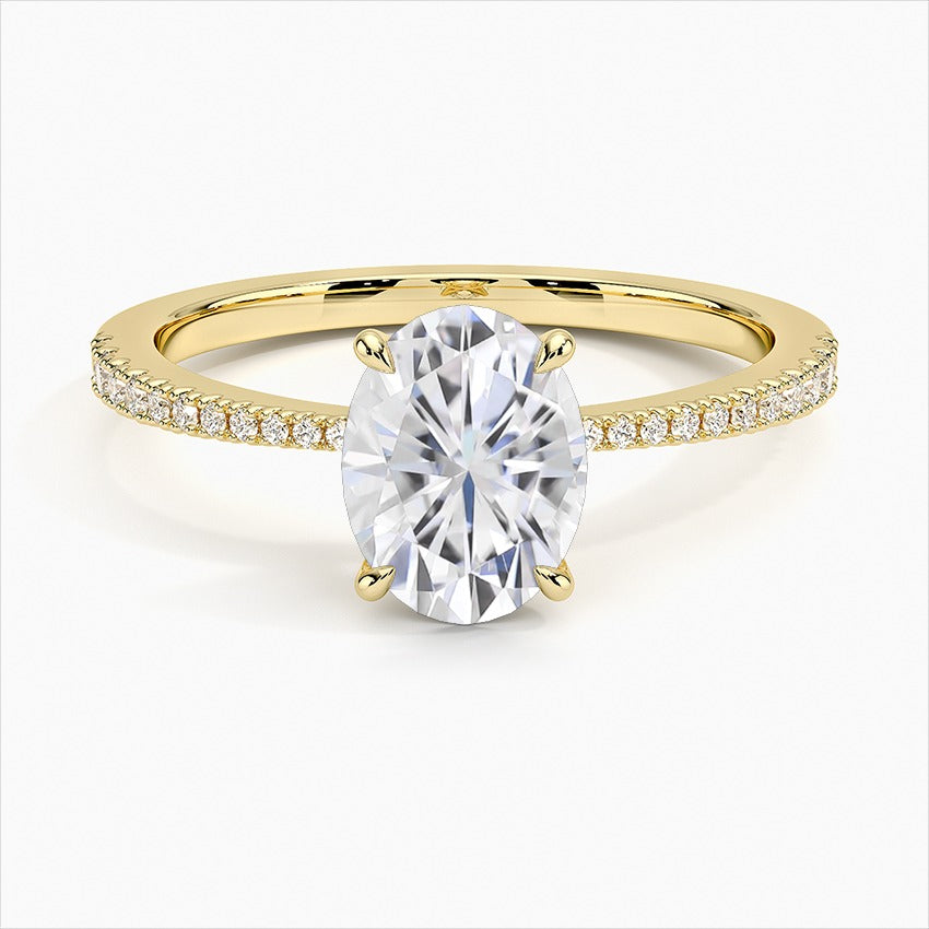 Sapphire Four-Prong Oval Side Stones Moissanite Engagement Ring Yellow Gold