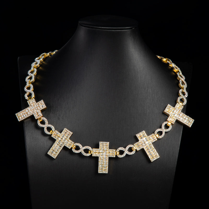 Shimmering Strand 10mm Moissanite Iced Baguette Cross Infinity Link Chain in Gold