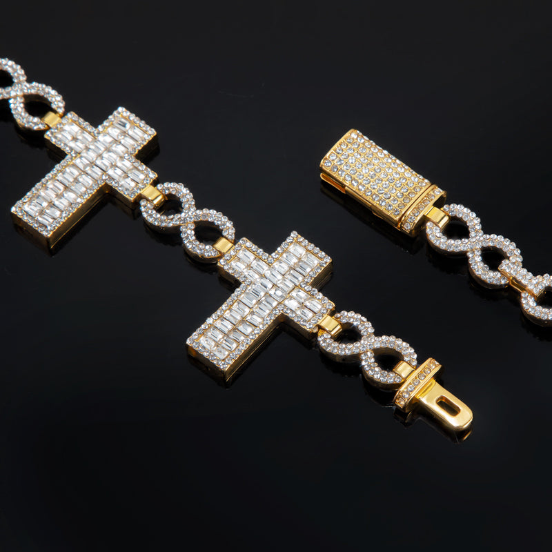 Shimmering Strand 10mm Moissanite Iced Baguette Cross Infinity Link Chain in Gold