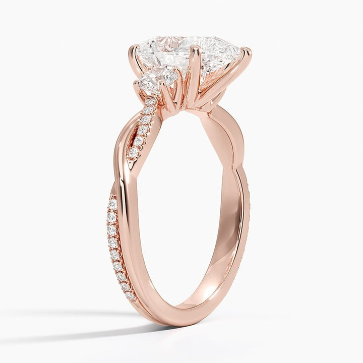 Skyline Pear Twisted Vine Three Stone Moissanite Engagement Ring Rose Gold