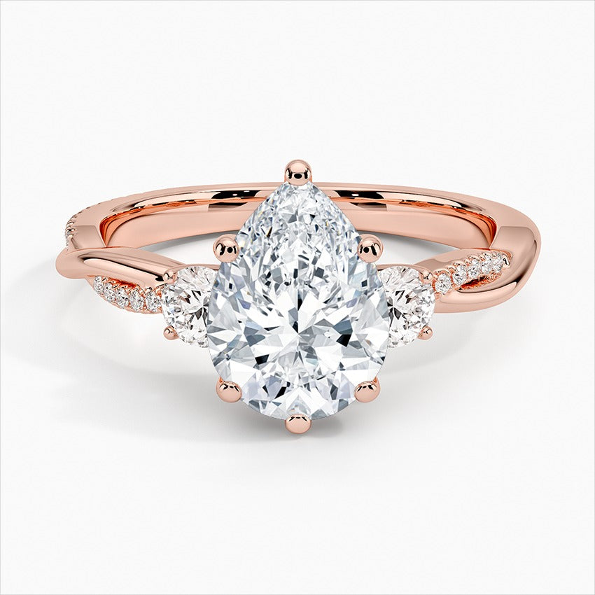 Skyline Pear Twisted Vine Three Stone Moissanite Engagement Ring Rose Gold