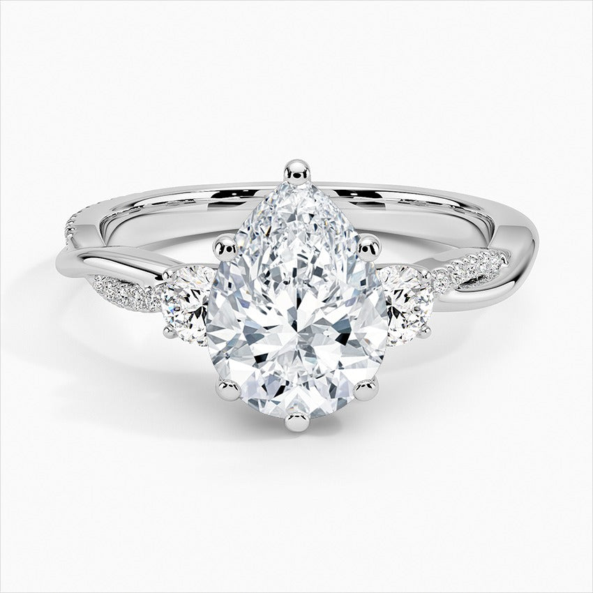 Skyline Pear Twisted Vine Three Stone Moissanite Engagement Ring White Gold