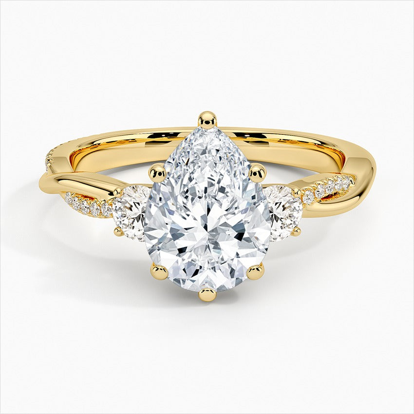 Skyline Pear Twisted Vine Three Stone Moissanite Engagement Ring Yellow Gold