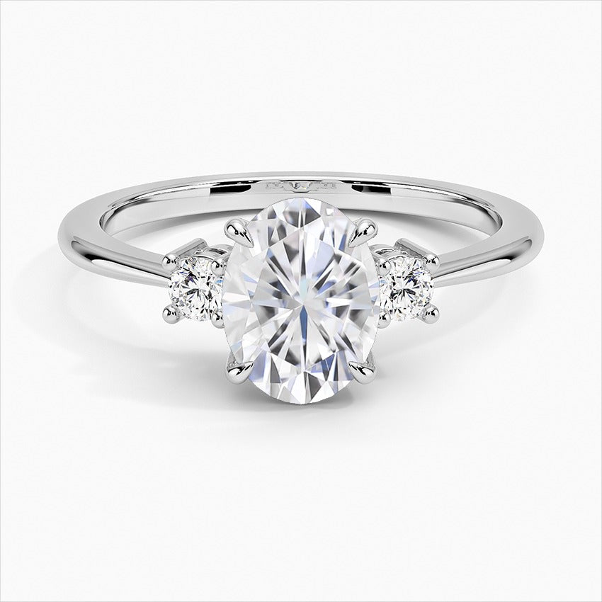 Solace Four-Prong Oval Three Stone Moissanite Engagement Ring White Gold